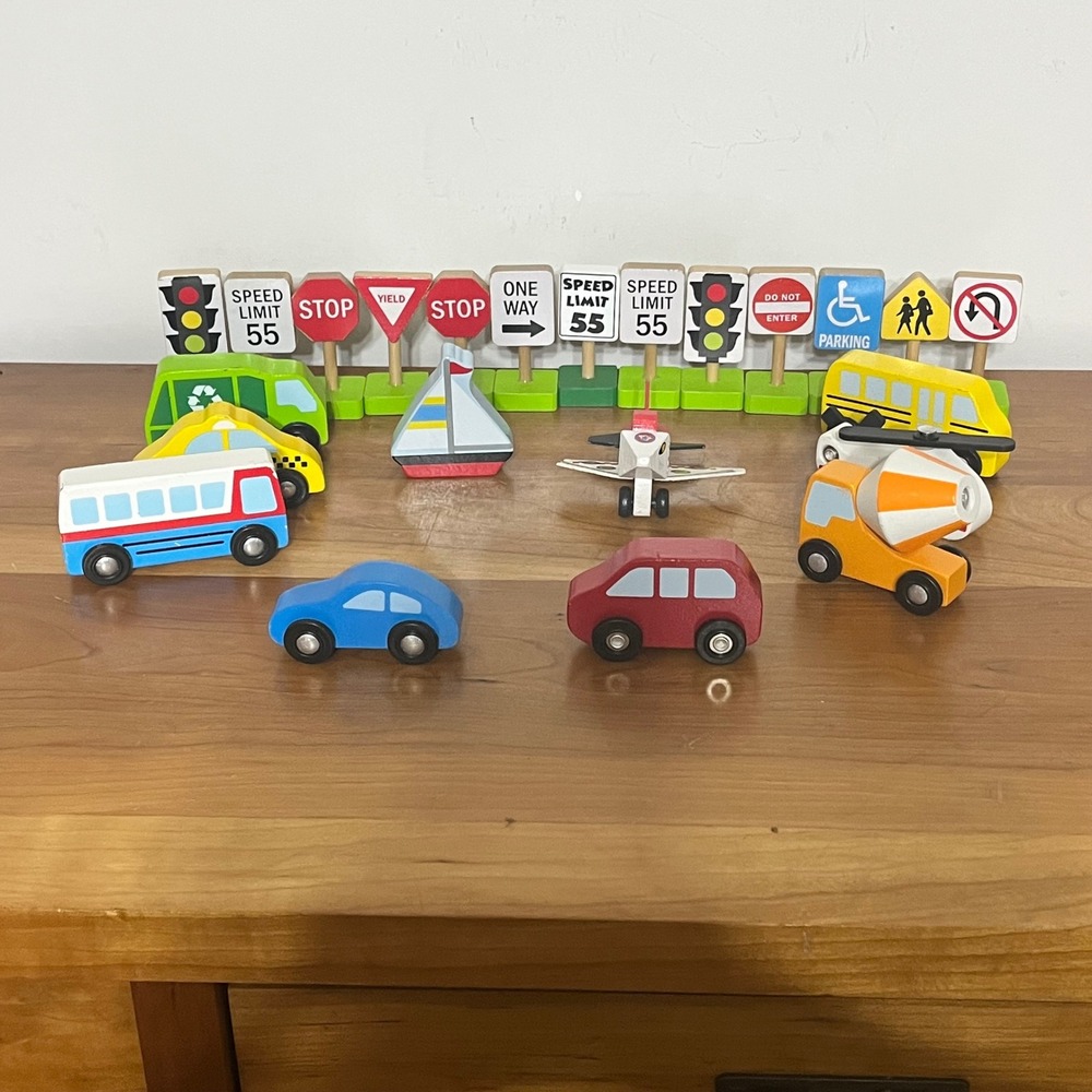 Melissa & Doug Wooden Toy Vehicle Road Sign Set Lot 23pc City Transport